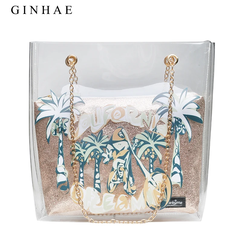 

Clear PVC Composite Bag Big Capacity Tote Handbags Chain Shoulder Bags For Women Shining Clutch Bag Travel Holiday Beach Set Sac