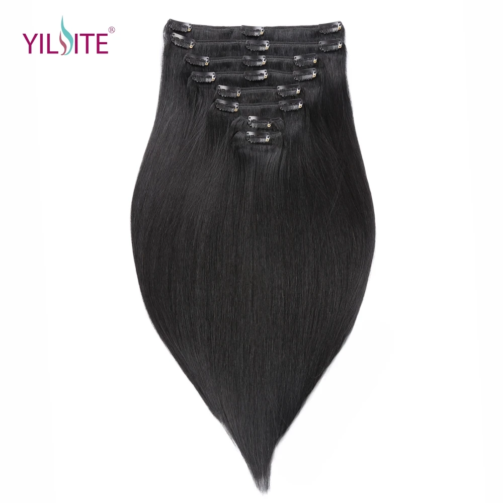 YILITE 1 Jet Black Human Remy Clips in Hair Extensions 18inch Double