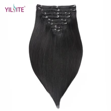 YILITE 1# Jet Black Human Remy Clips in Hair Extensions 18inch Double Drawn Clips in Human Hair Silky Straight Free shipping
