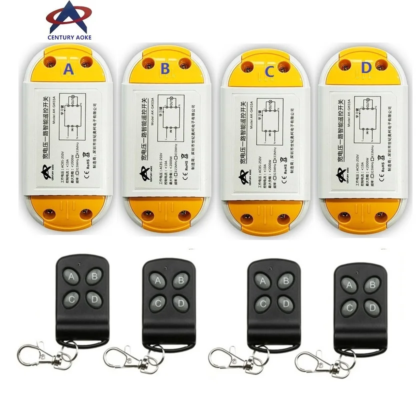

AC220V 110V 85-240V 1CH 10A RF Wireless Remote Control Switch System 4 A2 transmitter & 4 receiver Smart Home Switch