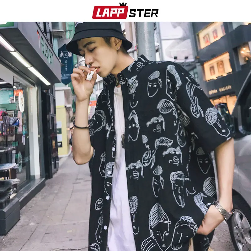 

LAPPSTER Men Japanese Streetwear Hawaiian Shirts 2019 Mens Hip Hop Summer Shirt Male Harajuku Designer Vintage Button Shirt INS