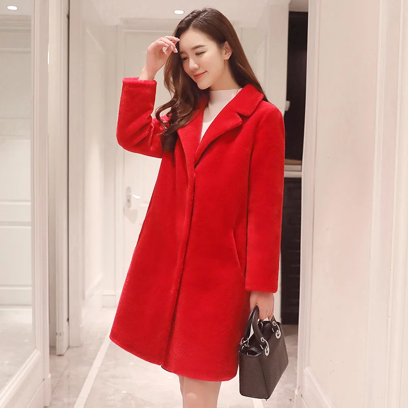 AYUNSUE, модная женская зимняя куртка, Натуральная шерсть, шуба, Овечья стрижка, шубы, средней длины, Тренч, женская верхняя одежда S939 - Цвет: Красный