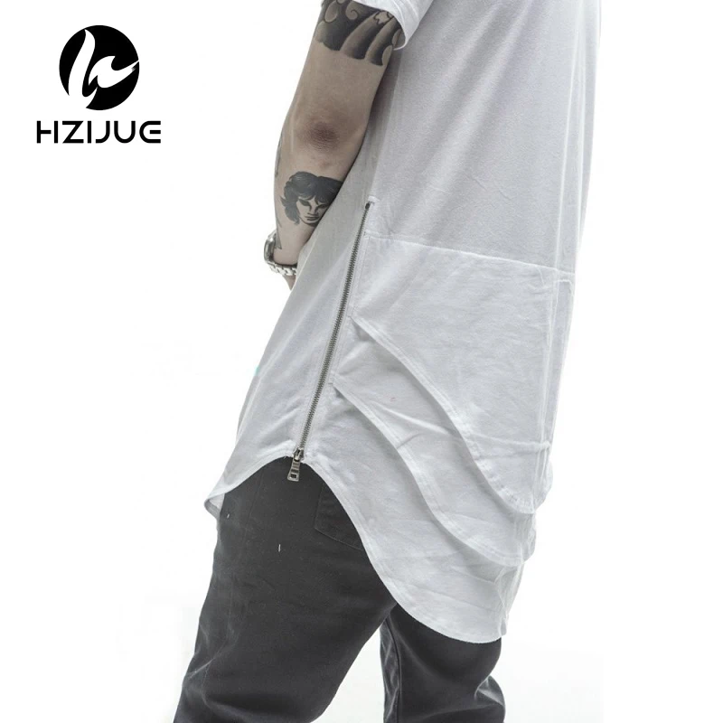 

US style Extended t shirt Men's new personalized Fishtail multi fold curved hem zipper short sleeve longline t shirts hip hop