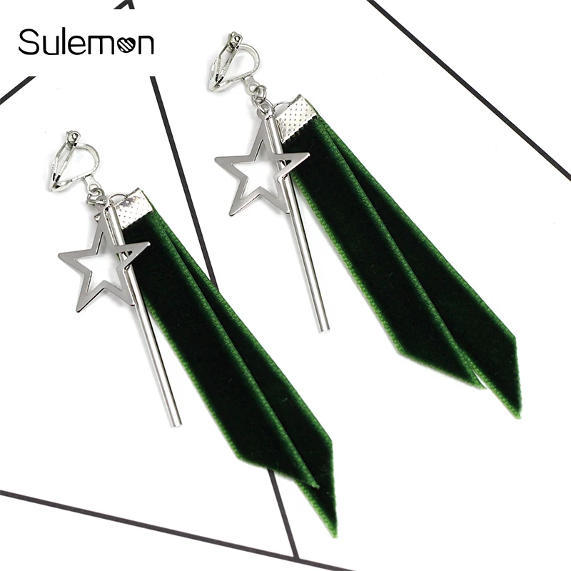 

Green Ribbon Clips Earrings No Piercing Ear Clips Geometric Pentagram Tassel Clip Earring Harajuku Long Earrings Jewelry CE282