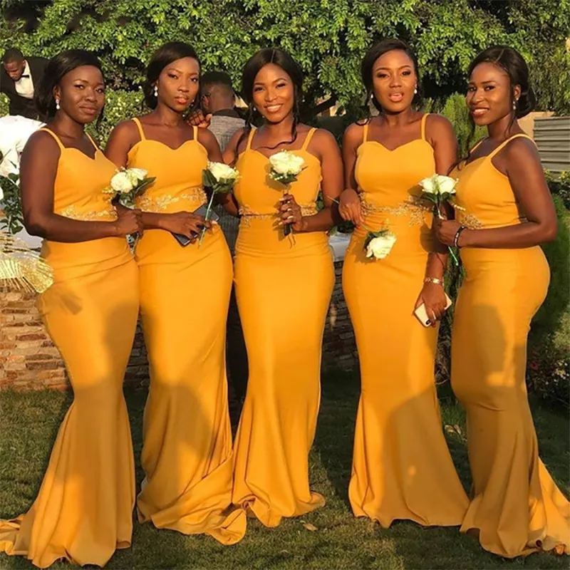 Африканское платье Русалка на бретельках желтые платья подружек невесты длинные Золотые Аппликации горничной невесты атласные вечерние платья