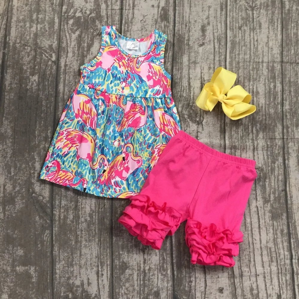 

2018 new arrivals Summer outfit flamingos capris set hot pink icing ruffle short baby kids wear boutique with matching bow