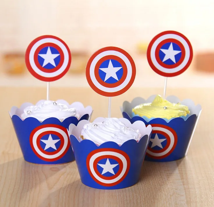 

Captain America Party Paper Cupcake Wrapper Toppers For Childen Decoration (12pcs Wrappers +12pcs Cake Topper)/set