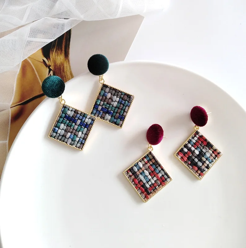 

Korean Elegant Winter Geometric Ears Clip On Earring Muticolored Lace Fabric Square Rhombus Clip Earrings No Pierced Hole