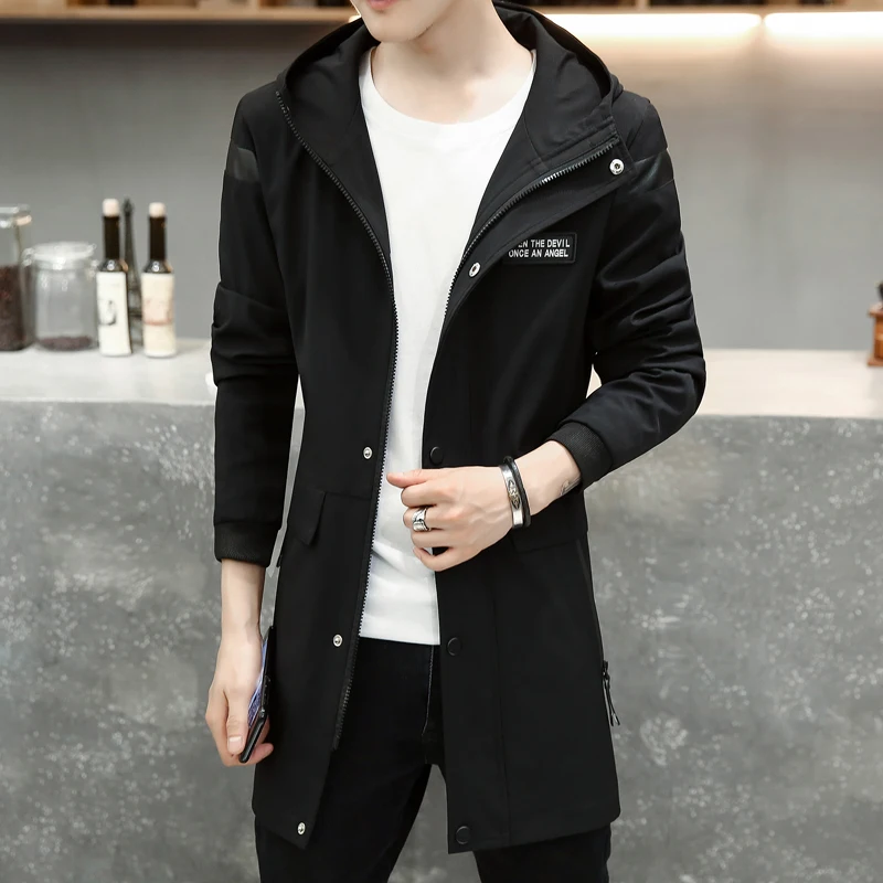 

Autumn men jacket coat oversize hooded trench young man high quality slim trenchcoat clothing male brand long windbreaker