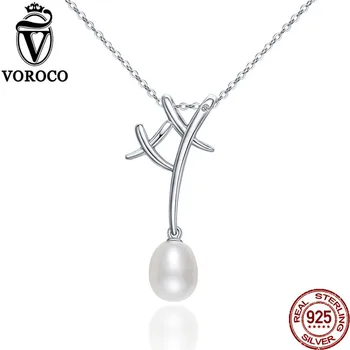 

VOROCO Genuine 925 Sterling Silver Branch White Natural Freshwater Pearl Pendant Necklace for Women Wedding Fine Jewelry VSN035