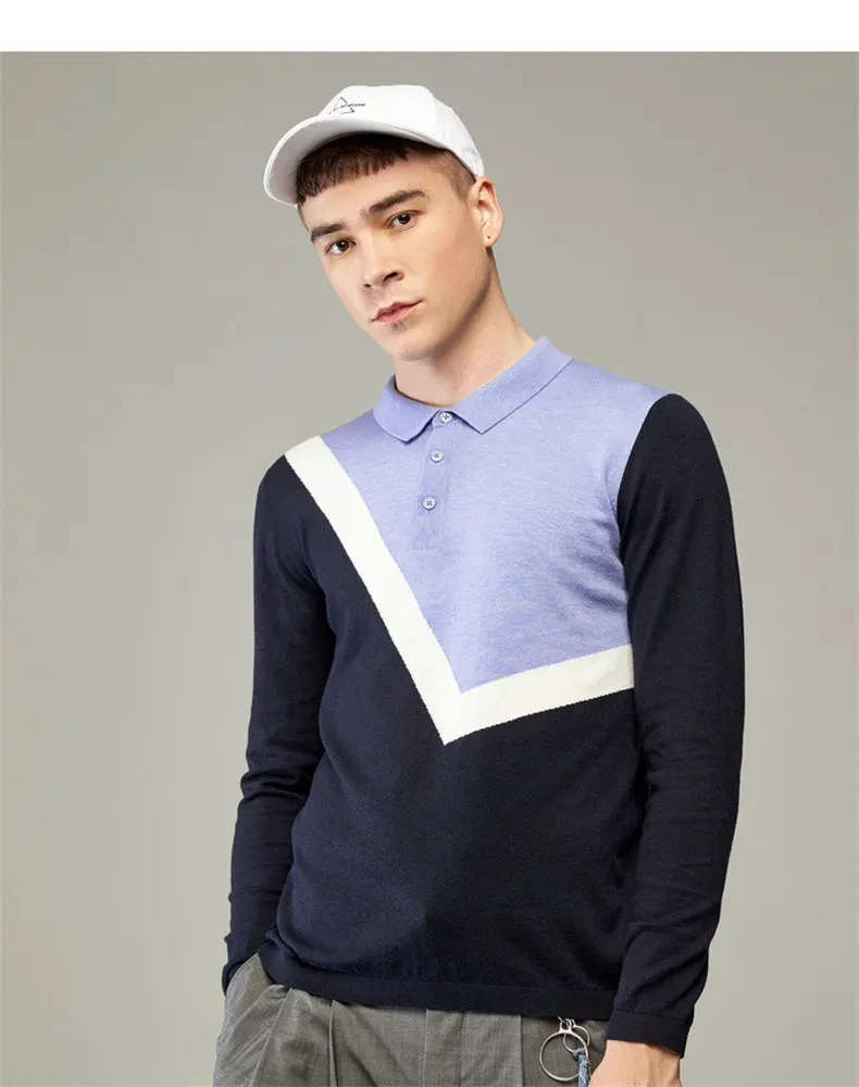 2019 New Golf Polo Men Long Sleeve Patchwork Pattern High Quality Cotton Knit Polo Sweater Male Luxury Smart Casual Plus Size 02