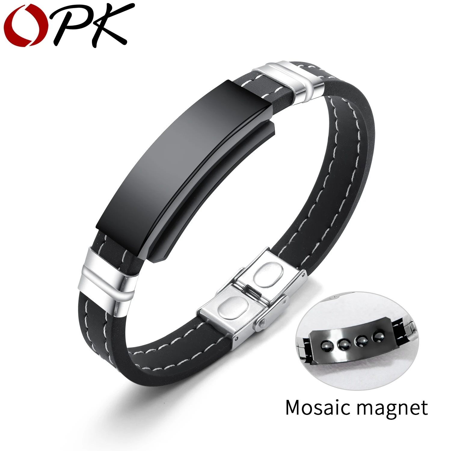 

OPK Punk Healthy Energy Bracelet Engrave Name ID Bangle Bio Magnetic Bracelet Black Leather Identification Jewelry Gift PH1275