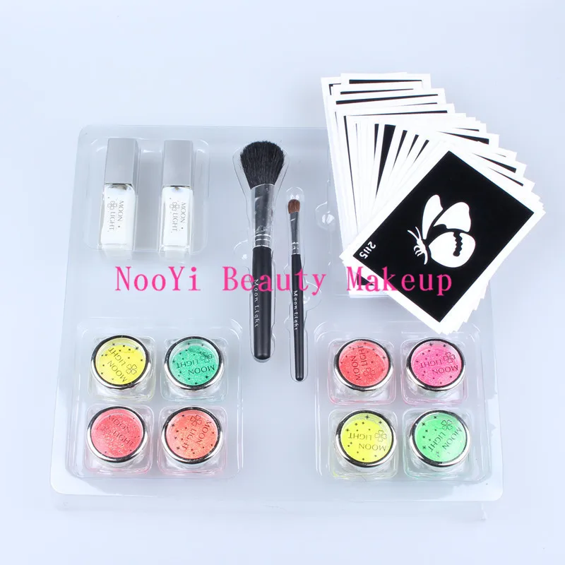 

8pcs UV Glitter Tattoo Powder for Body Art - Temporary Tattoo /body painting Kit - w/ Brushes /Glue /Stencils - free shipping