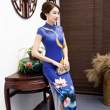 Cheongsam largo de talla grande Vintage estilo chino Vestido de moda 2019 rayón de mujer Qipao Delgado vestidos de fiesta botón Vestido S de 5XL