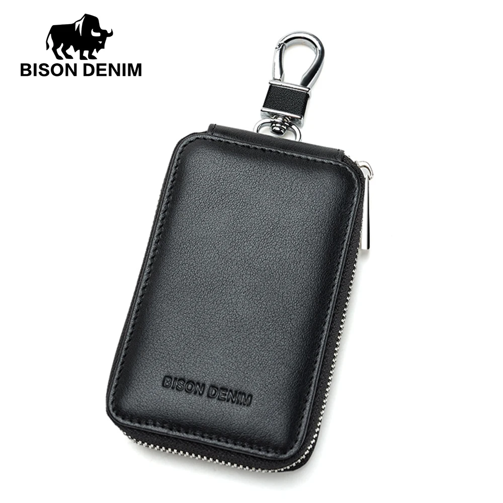 

BISON DENIM Leather Key Wallet Men Genuine Leather Car Key Bag Multi Function Key Housekeeper Holders 6 Rings Cow Leather Wallet