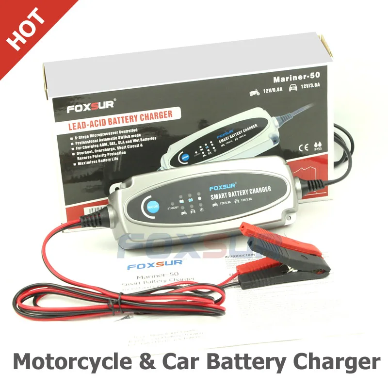 FOXSUR 12V Motorcycle & Car Battery Charger,12V Lead Acid Battery