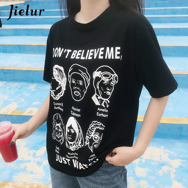 Jielur прохладный личность футболка для женщин Письмо характер черный белый цвет