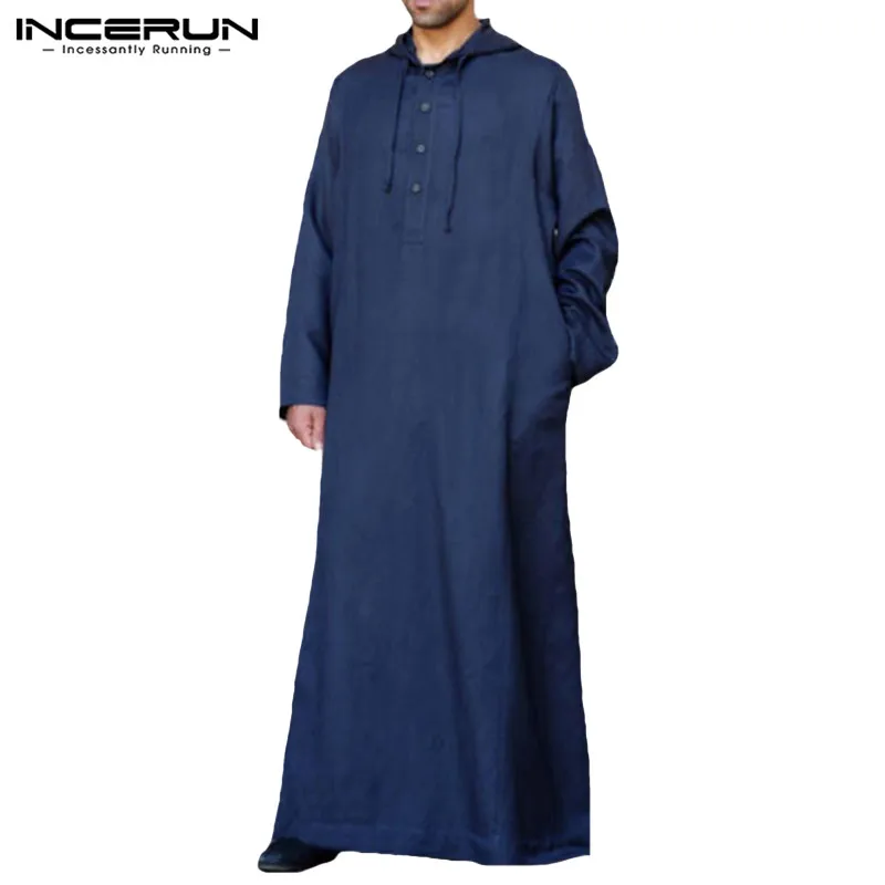 INCERUN мусульманский мужской исламский арабский кафтан ТОБ с капюшоном с длинным рукавом халат для мужчин Дубай Саудовская Аравия jubba ТОБ мусульманская одежда для мужчин S-5XL - Цвет: Navy