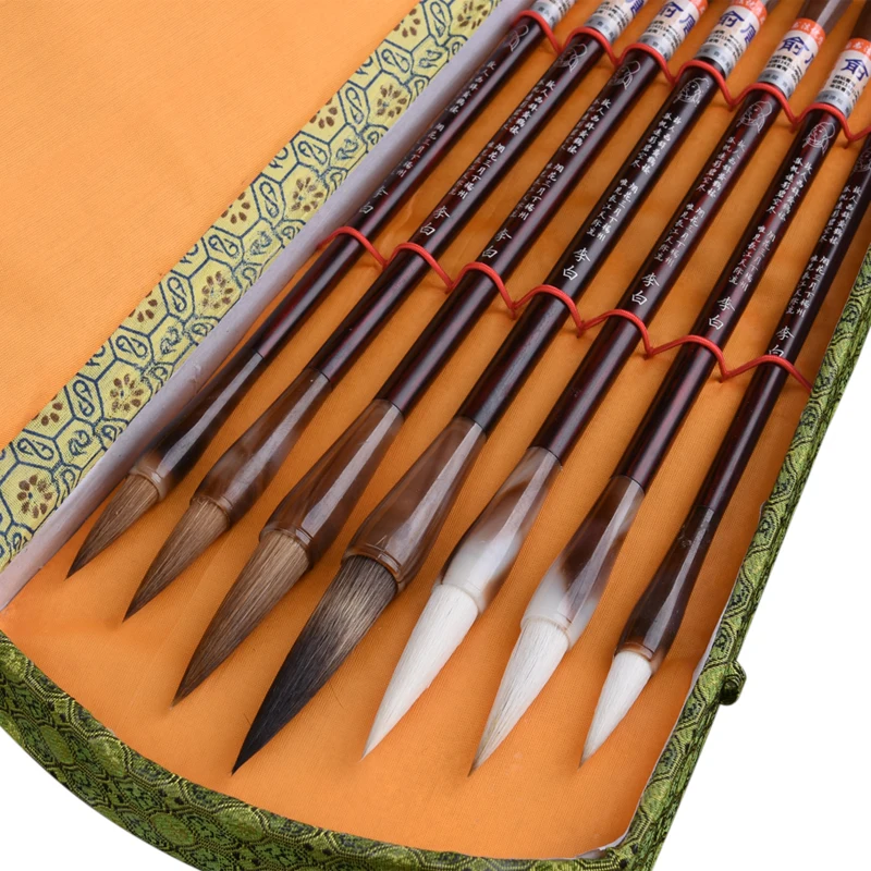 

7pcs/set Chinese Calligraphy Brush Pen Stone Badger Multiple Hairs Chinese Landscape Watercolor Painting Brush Brushes Gift Set