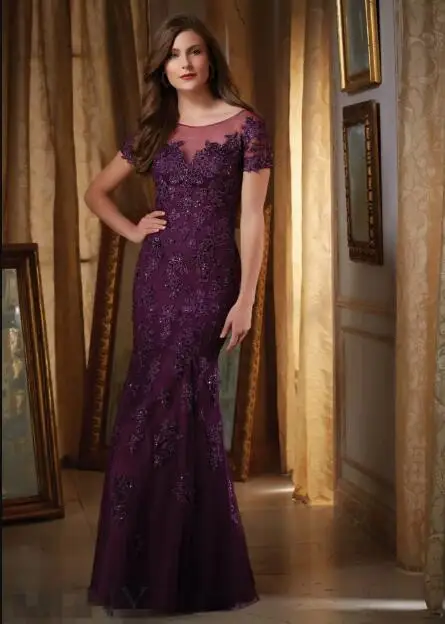 

New Arab Short-Sleeve Mermaid Evening Dress 2017 Charming Long Sequined party Dresses Lace appliques Formal Cheap mother Dress