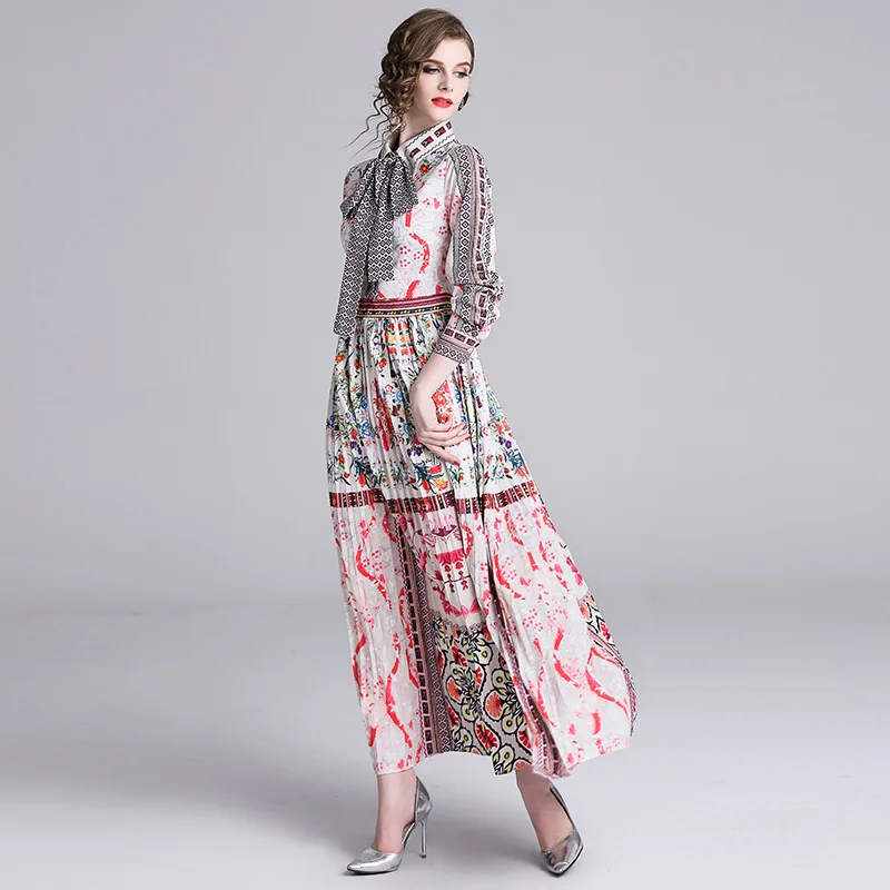 

2019 New Runway Designer Holiday Maxi Women's Long Sleeve dress Bowknot Vintage Floral Print Elegant Pleated Long Shirt Dresses