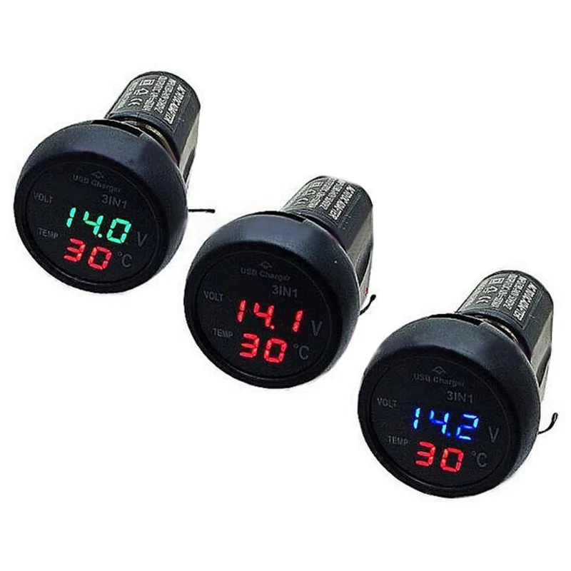 

3 in 1 Auto Digital LED Thermometer Voltage Detection Table USB Car Charger Cigarette Voltmeter Meter 12V