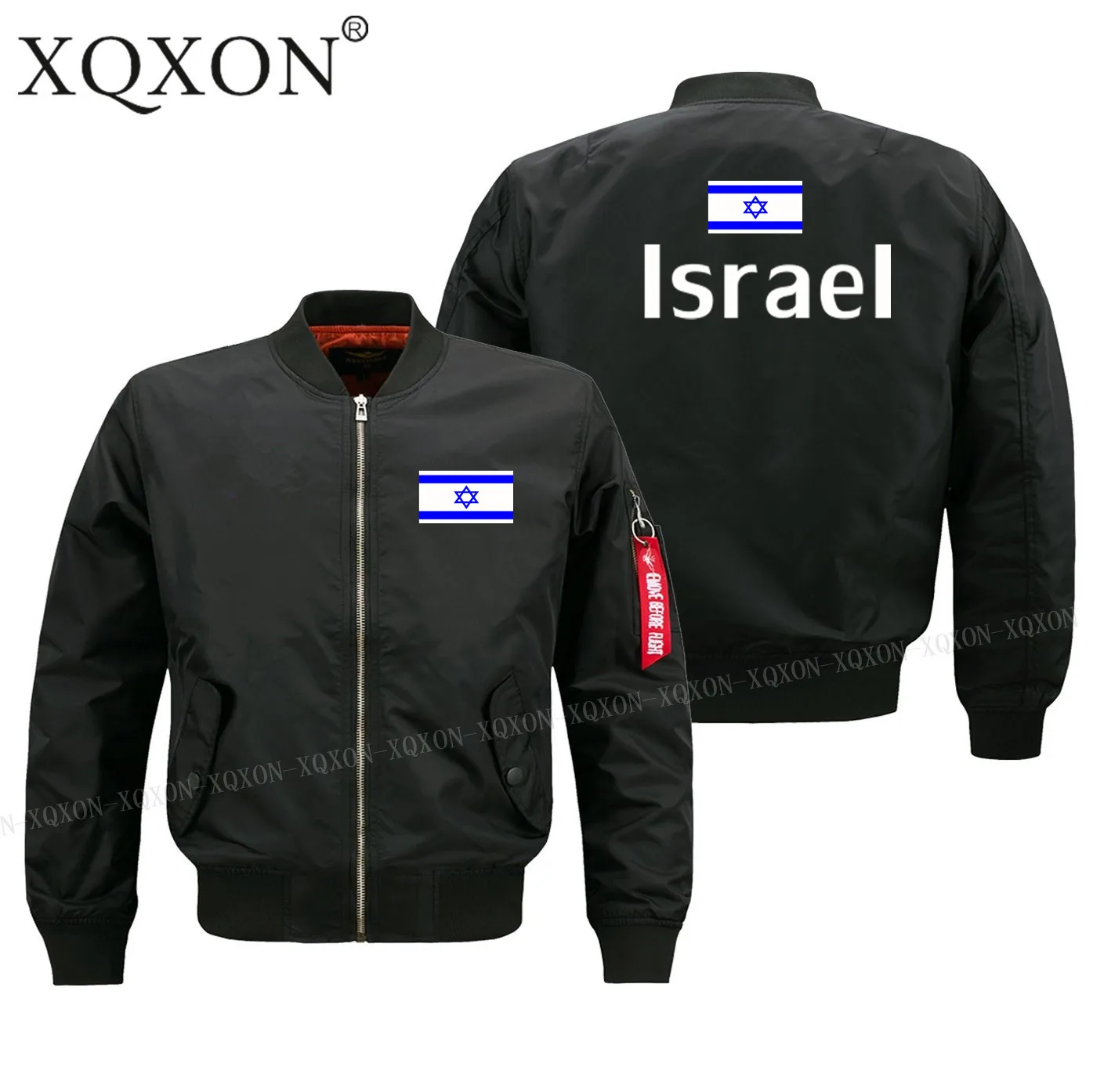 XQXON- модные повседневные мужские куртки на молнии, пальто, Забавный дизайн, флаг Израиля, военный пилот, куртка-бомбер J200 - Цвет: Black thin