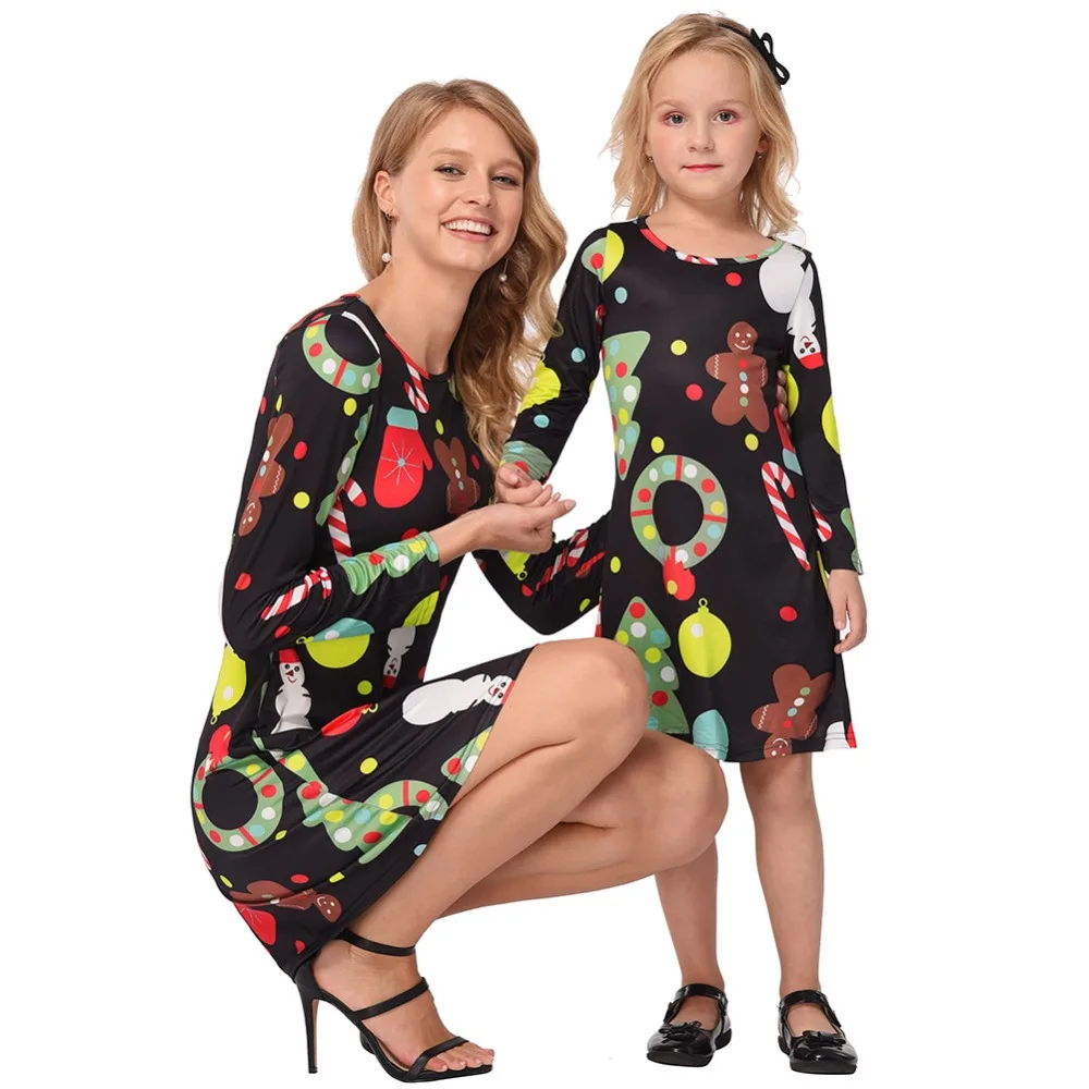 

New Arrival 2018 Casual Cartoon Print Dress Long Sleeve For Mother And Daughter Christmas Mini Dress For Family Matching Outfits