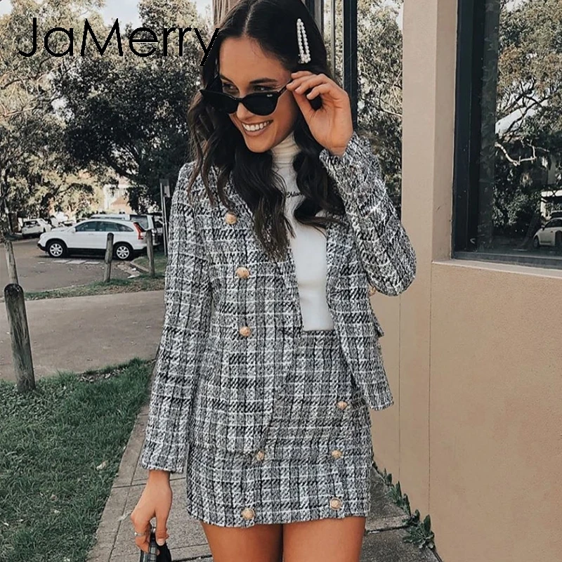 Женский винтажный блейзер в клетку JaMerry офисный двубортный пиджак на пуговицах