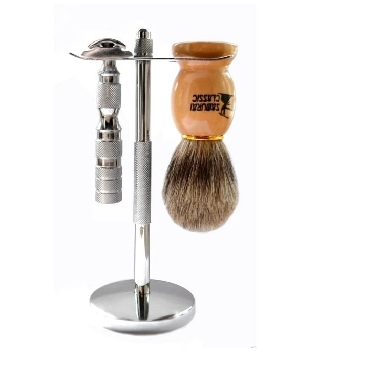 Classic Samurai 205S Safety Razor Shave Set ,Pure Badger Brush, Leather Case