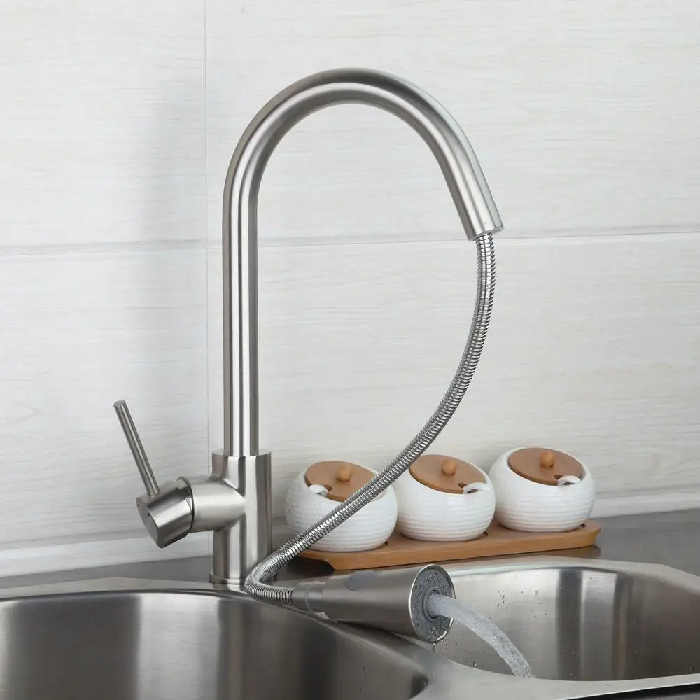 Nickel Brushed Kitchen Faucets Mixers Pull Out Spray Tap with 2 Water Way Vessel Sink Taps