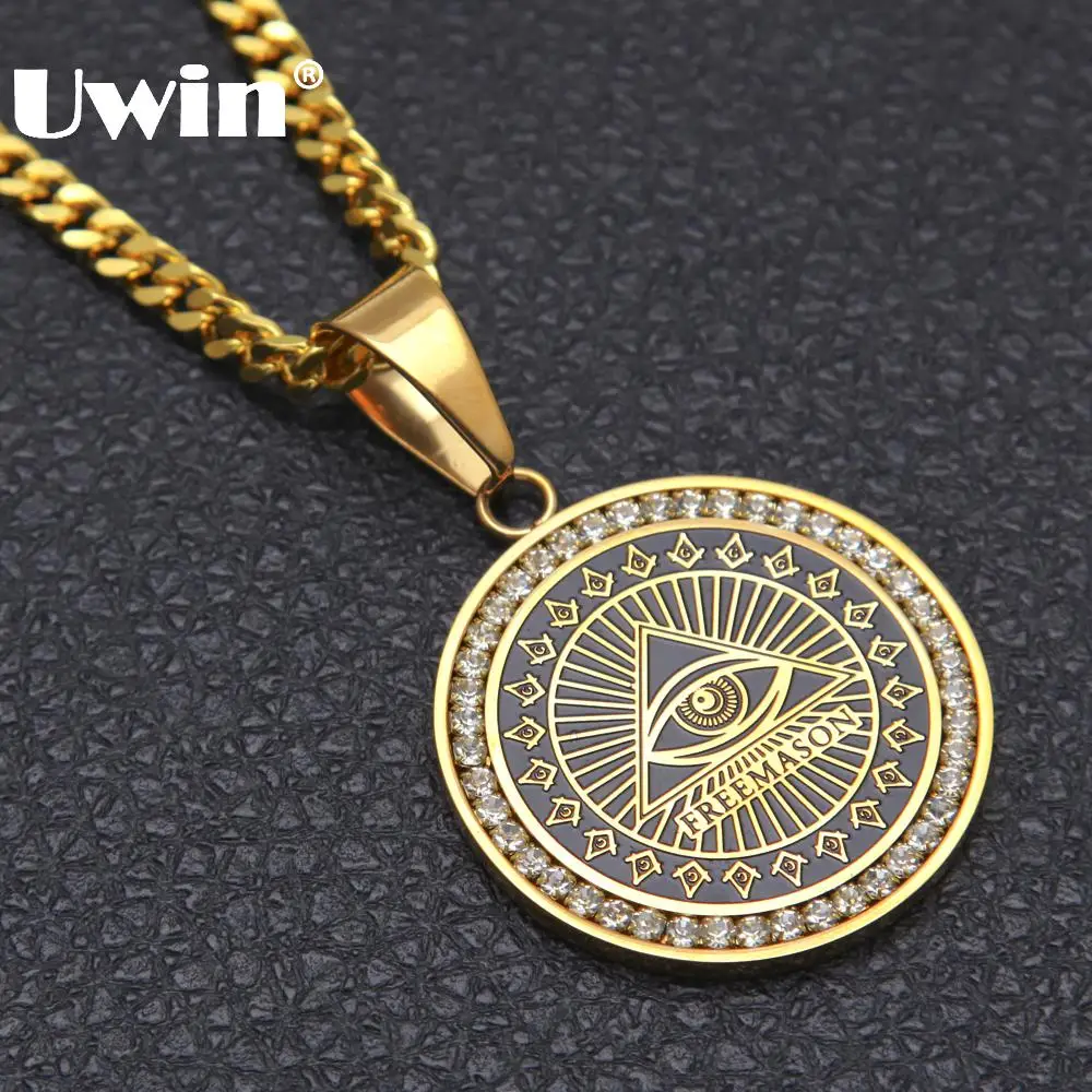 

Uwin Charms Eye of Providence Pendant All-seeing Eye With Clear Rhinestones Necklace Classic Freemason Fashion Hiphop Jewelry