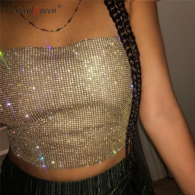 FestivalQueen Sexy Rhinestone Sequined strapless Tops fashion shiny metal diamond Tube Tops Party Club Summer beach wear