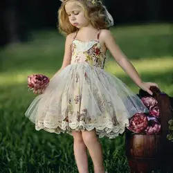 Платье принцессы высокого качества для девочек, кружевное платье в стиле ретро с цветочным принтом на бретелях, Детские праздничные платья