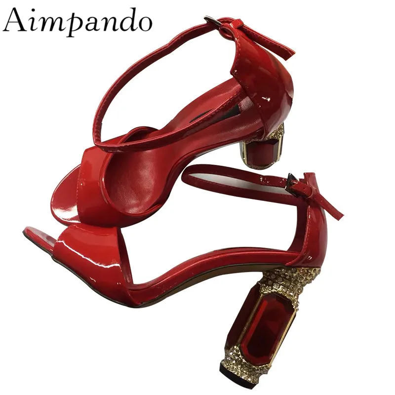 

Red Diamond High Heel Sandals Women Ankle Strappy Open Toe Jewelled Chunky Heel Patent Leather Bridal Wedding Shoes