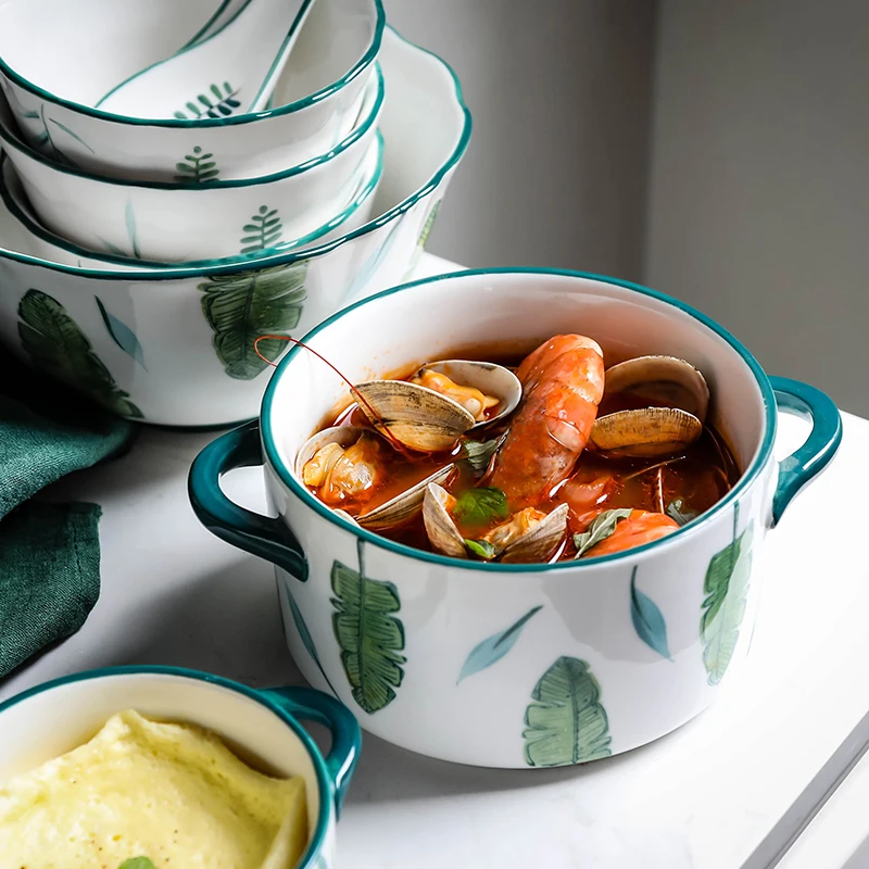 

4/4.5/5.5 Inch Green Pattern Ceramic Bowl For Soup Rice Nood Ramen Salad With Handle Anti-scalding Nordic Fruit Plate Tableware