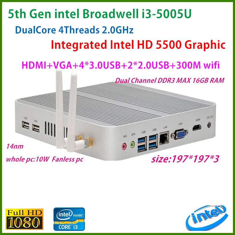 

Intel Broadwell i3 5005u Intel HD Graphics 5500 Fanless I3 Mini Pc Windows 7 win8 win10 VGA HDMI Mini Nettop Htpc