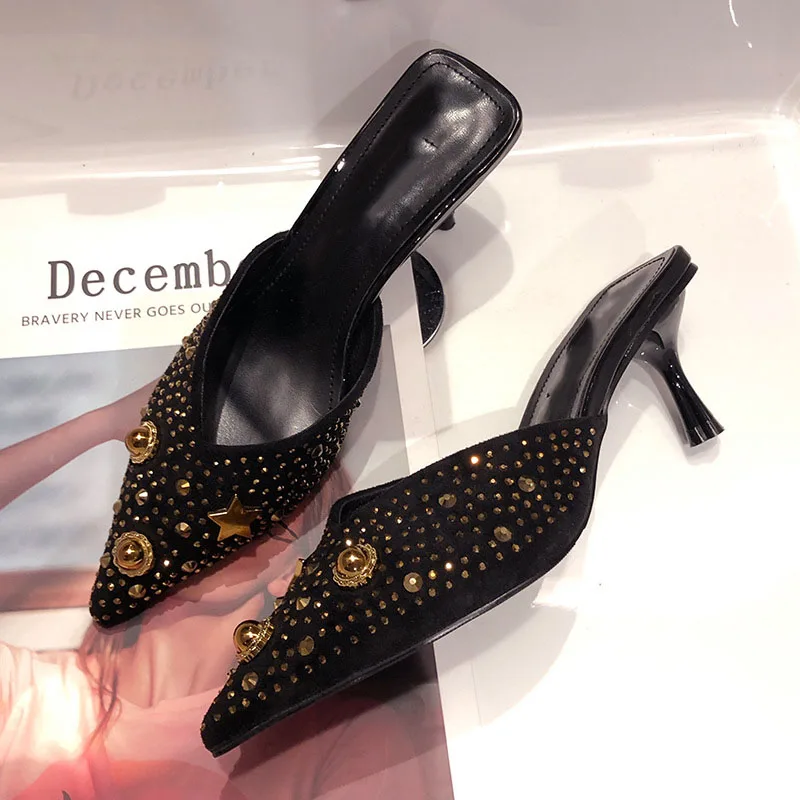 Retro pointed slippers women summer rivet water drill high heel slipper Muller shoes women slippers luxury shoes women designers Retro pointed slippers women summer rivet water drill high heel slipper Muller shoes women slippers luxury shoes women designers