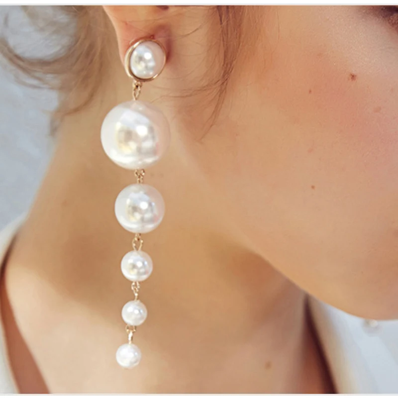 

Marcatsa Trendy Elegant Big Simulated Pearl Long tassel Earring Drop-shaped Statement Dangle Earrings For Wedding Party Gift