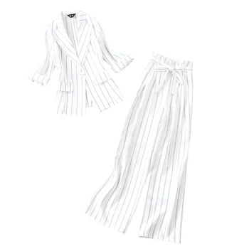 

2 piece set women's suit new fashion OL temperament white black strip 7 points sleeve small suit + wide leg trousers two sets