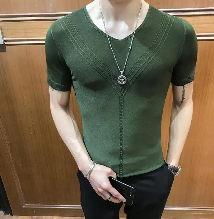 Summer Thin Knitted T Shirt Men Summer New Slim Fit Short Sleeve Mens T