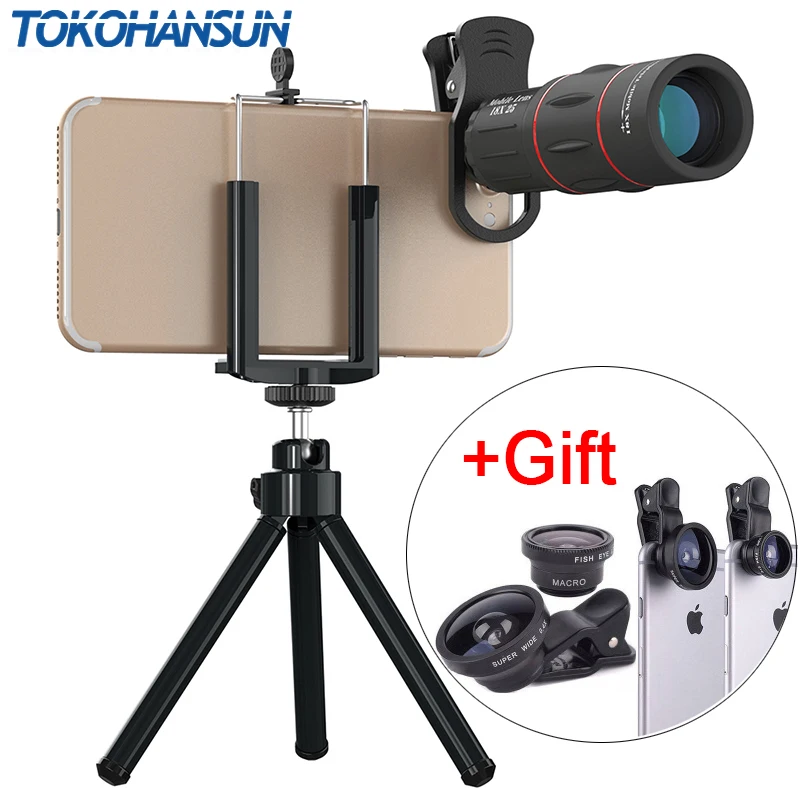 TOKOHANSUN 18X آلة تكبير تليفوتوغرافي عدسة أحادي تلسكوب العدسات مع ترايبود ل فون + هدية فيش زاوية واسعة ماكرو 3 في 1 عدسة