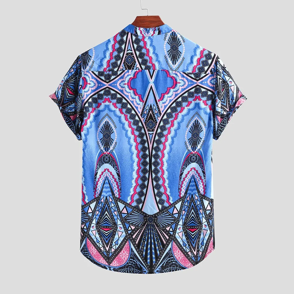 New Stylish Hauts pour hommes Mens Pure Cotton Colorful Printing Loose Stand Collar Pullover Short Sleeve Shirt Ropa de hombre