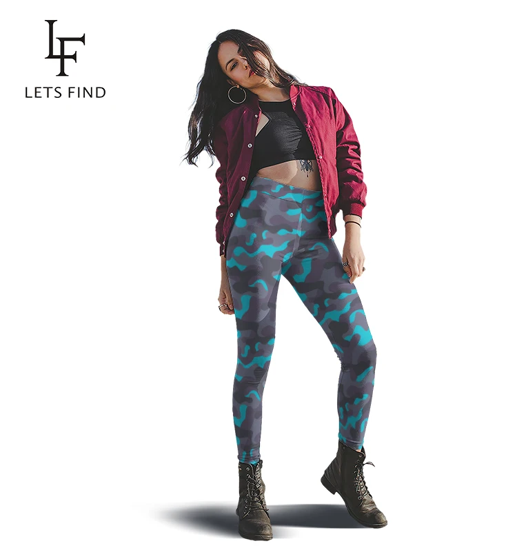 

LETSFIND Women High Waist Stretch Pants Blue Camouflage Printing Plus Size Casual Ankle-Length Girl Leggings
