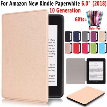 

Slim Solid Leather Case for Amazon New kindle 6.0 2018 10 Generation Auto Awake Smart Sleep Cover Funda Coque Shell + Pen