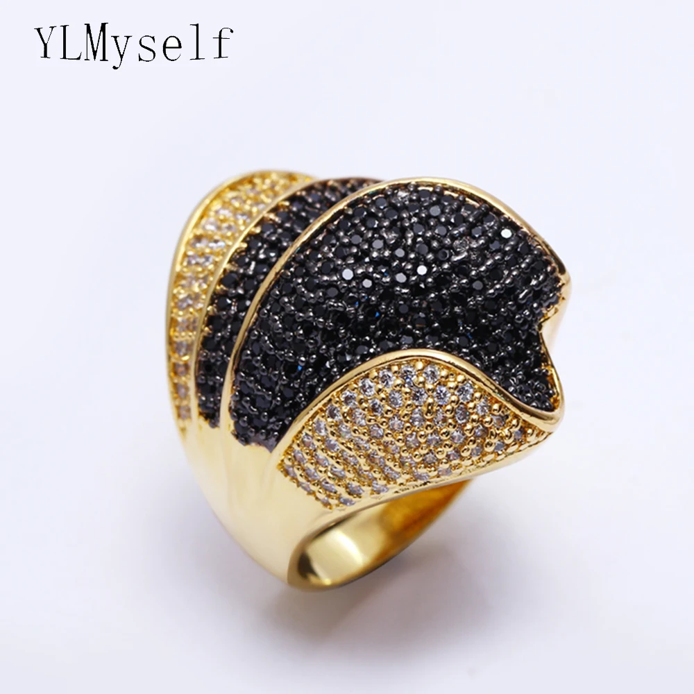 Stunning Luxury jewellery black crystal big ring bijuteria feminina fashion Jewelry White and Gold color large Ring's for party