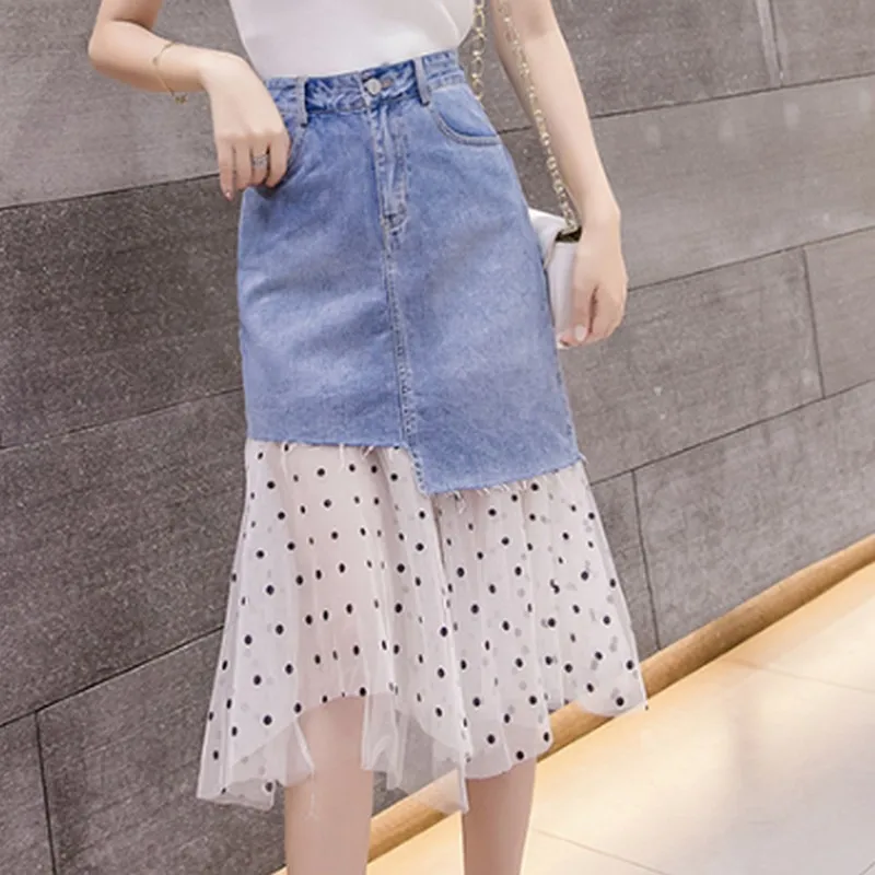 

Summer Splicing Wave Point Mesh Denim Skirt Women High Waist Jean Skirts Female Vintage Irregular Hem Long Mermaid Skirts Womens