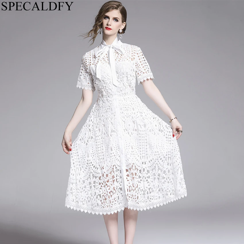 

2019 Women High Quality Dresses For Party Bow Neck Black White Lace Dress Summer Short Sleeve Dress Women Vestidos Robe Femme