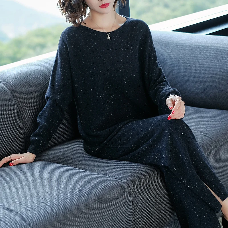 JANELUXURY Brand Women's Solid Color Knit Sets 2019 Autumn Winter New Bat-sleeve Sweater + Long Pants 100%Wool Loose Two Suits |