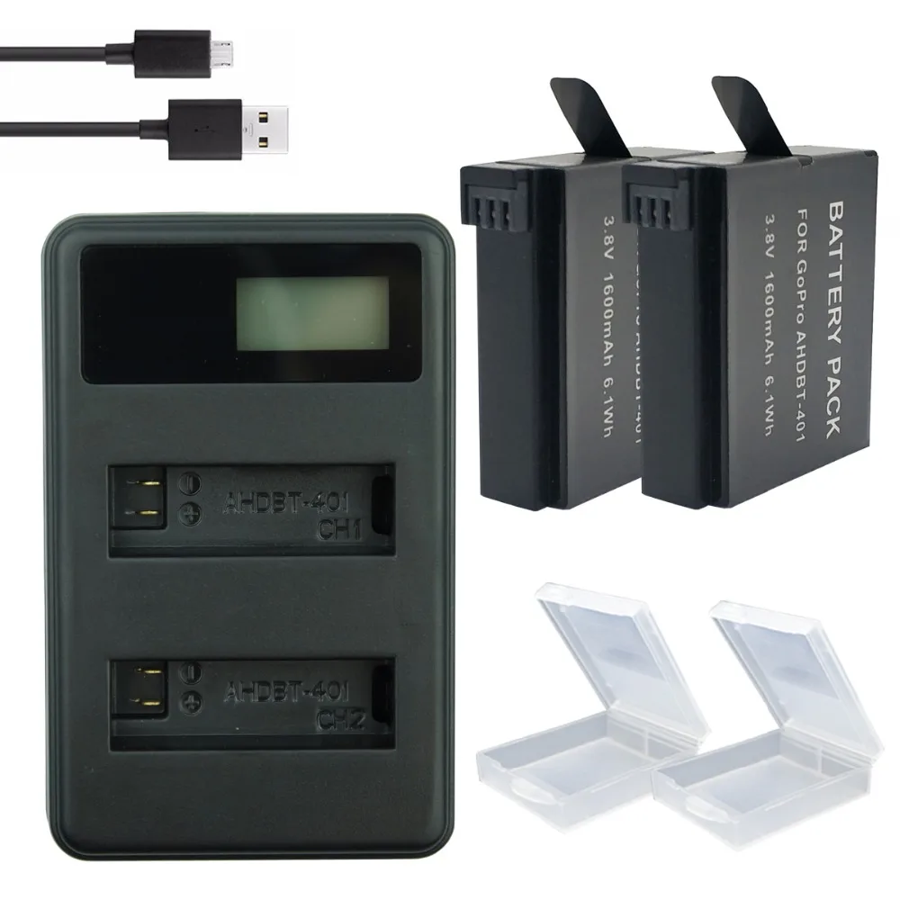 2x Go Pro hero 4 батареи AHDBT-401 bateria+ USB двойной ЖК-аккумулятор зарядное устройство для GoPro hero 4 Аксессуары для экшн-камеры
